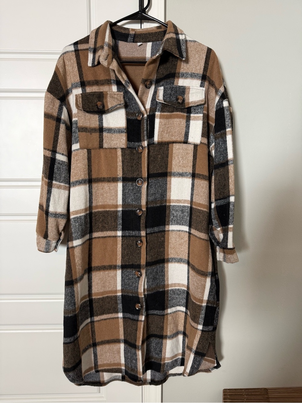 Amazon Brown, Black & White Plaid Button-Up Shacket
